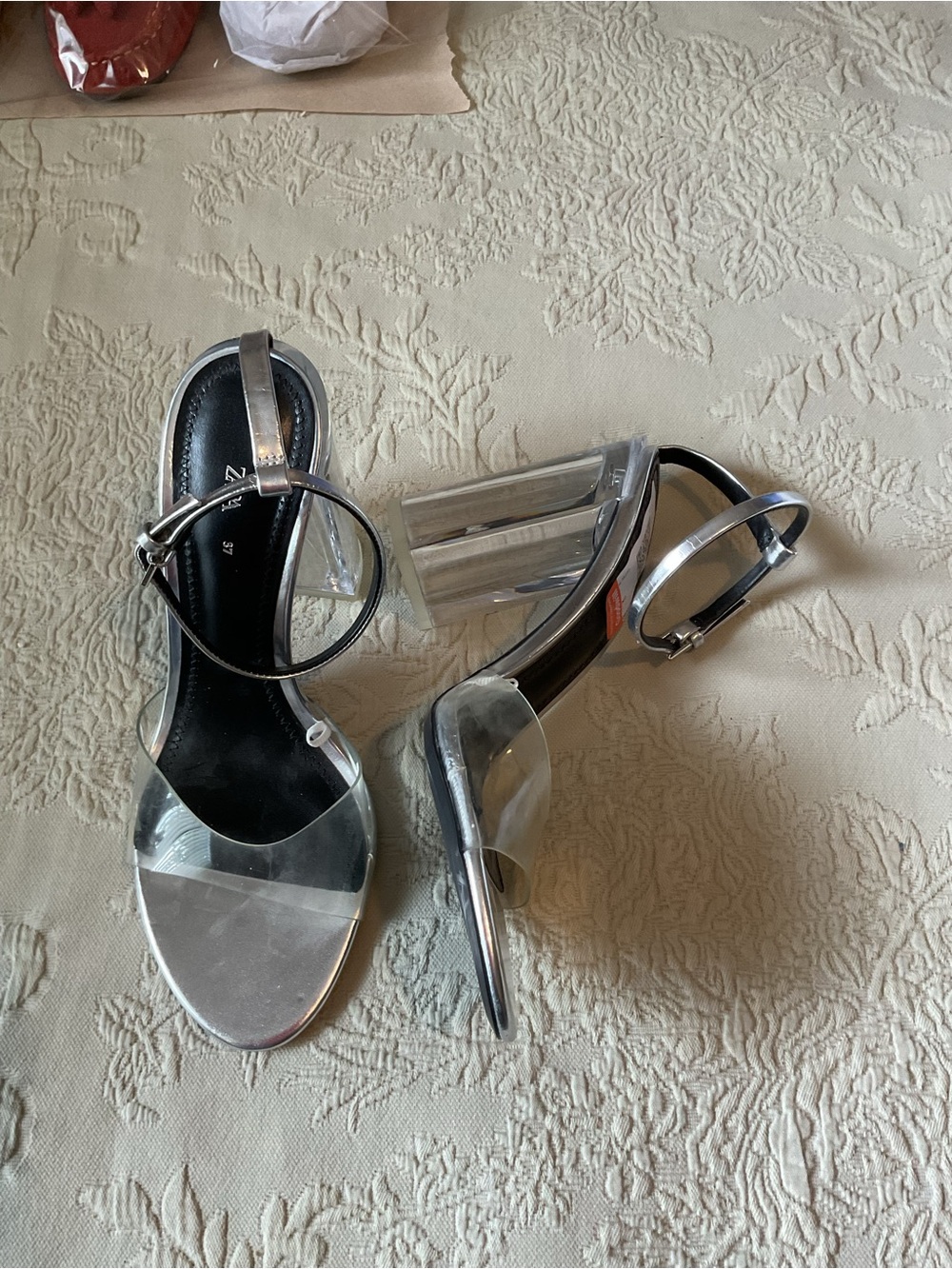 Zara Anna Clear Perspex Clear Block Heels Sandals Sz 6.5-7/37 Metallic Silver